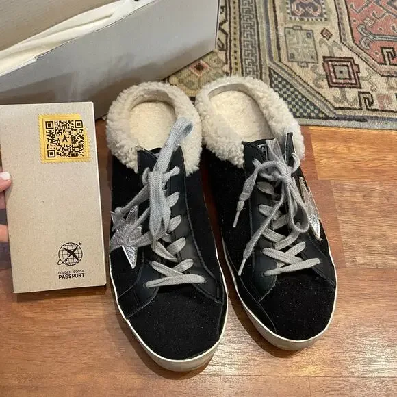 Golden Goose Sabot Shearling Lined Leather Slip On Sneakers Black White Size 10 - Picture 16 of 16